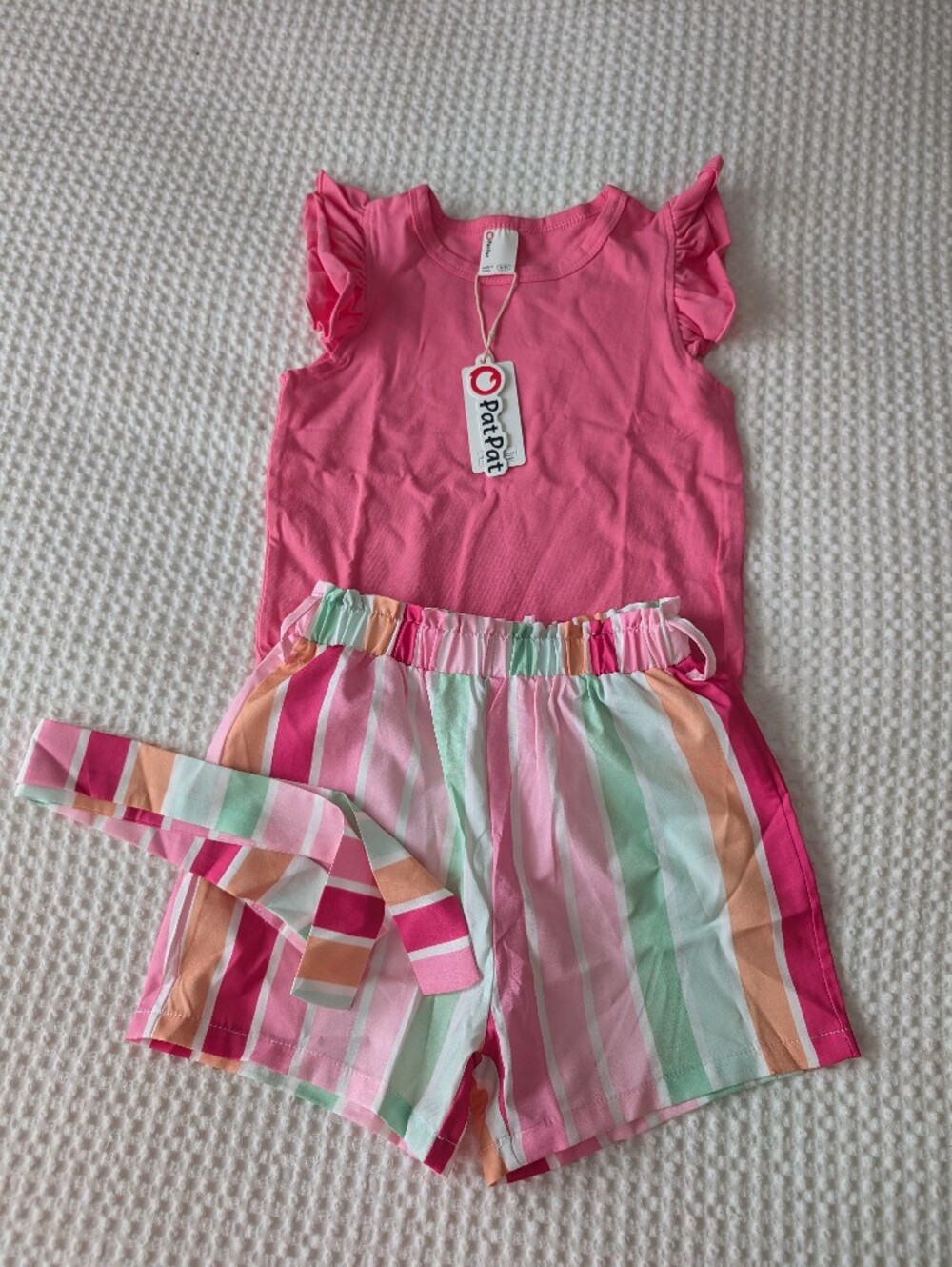 PatPat Pink Top with Pastel Rainbow Stripe Shorts Set